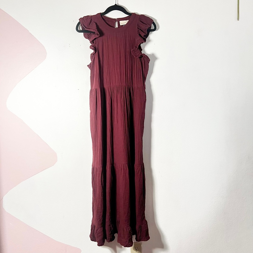 100%‎ Cotton Maxi Dress Small Burgundy Gauze Ruffles Tiered Cottagecore